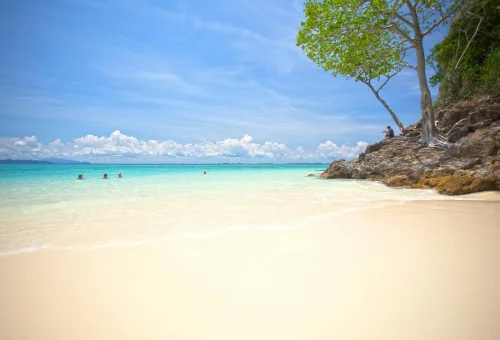Tropical paradise at Bamboo Island near Phi Phi at sunrise, with white sandy beach, swaying palms, and crystal-clear turquoise waters