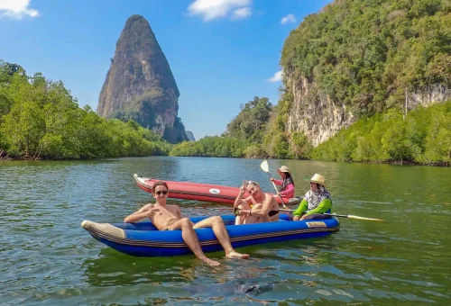 Private canoe station nestled among limestone cliffs and mangroves, ready for early James Bond Island Tour guests to begin their paddle adventure.