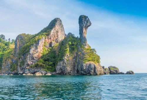 Chicken Island in Krabi, known for its unique rock formation resembling a chicken’s head, surrounded by clear turquoise waters and lush greenery.