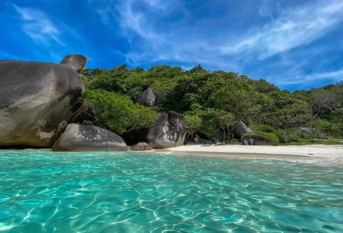 View of Donald Duck Bay at Similan Islands with iconic granite boulders, white sand beach, and turquoise sea under a clear blue sky.
