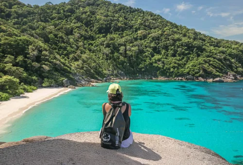 Panoramic view of Donald Duck Bay at Similan Island with white sand, turquoise water, and iconic granite rock formations