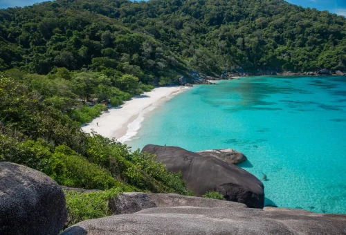 View of Donald Duck Bay at Similan Island with turquoise waters, white sandy beach, and large granite boulders including the iconic rock resembling Donald Duck