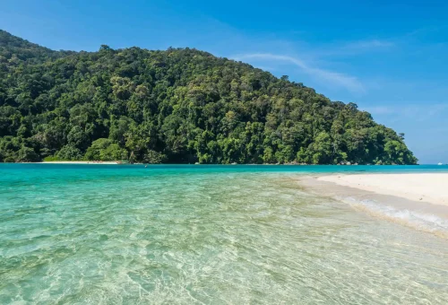 Dreamlike beach at Surin Island with powdery white sand, crystal-clear turquoise water, and lush tropical surroundings