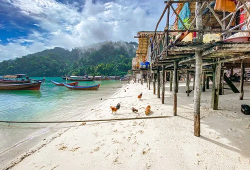 Traditional Moken stilt houses built along the shoreline of Surin Islands, surrounded by clear waters and tropical forest