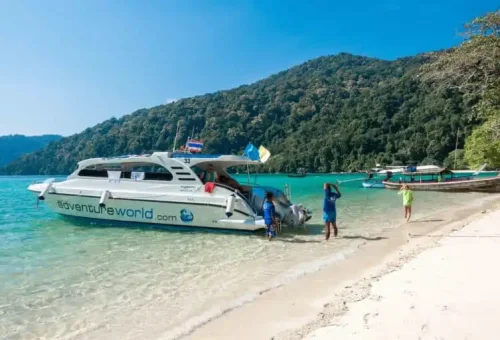 Scenic view of Surin Island National Park with lush green forests, white sandy beaches, and clear turquoise water