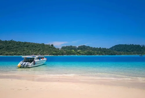 Secluded white sandy beach on Koh Rok with calm turquoise waters and no people in sight, surrounded by tropical nature