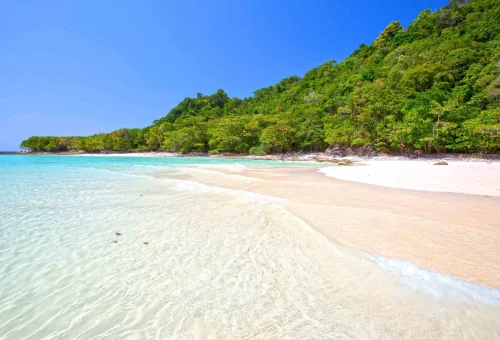 Amazing view of Koh Rok with white sandy beach, turquoise waters, and lush green island landscape under a clear sky
