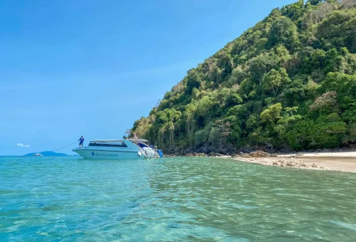 Speedboat approaching the white sandy beach of Koh Kradan with clear turquoise water and tropical trees in the background