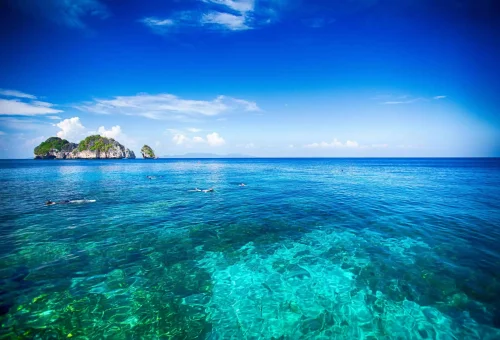 Snorkeler swimming in the clear waters of Koh Haa, surrounded by colorful coral reefs and tropical fish