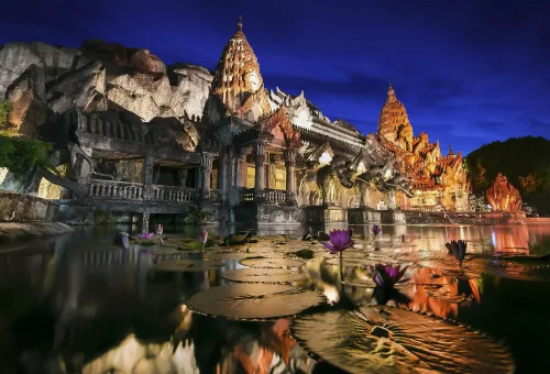 Traditional Thai dance performance with vibrant costumes and stage lighting at Phuket FantaSea Show