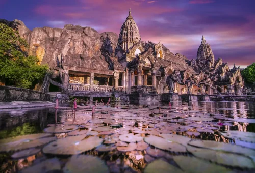 Visitors exploring the beautifully lit shopping village at Phuket FantaSea before the show