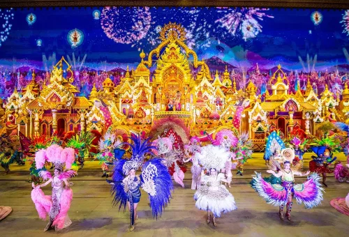 Spectacular stage performance with vibrant costumes and lighting at Carnival Magic Phuket