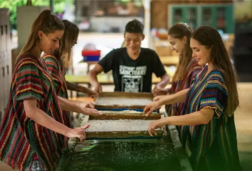 Guest shaping recycled eco paper from elephant dung during a hands-on workshop at Phuket Elephant Jungle Sanctuary.