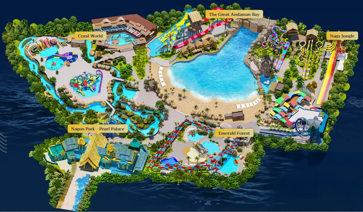 Detailed illustrated map of Andamanda Phuket Waterpark showing themed zones, water slides, pools, dining areas, and main attractions.