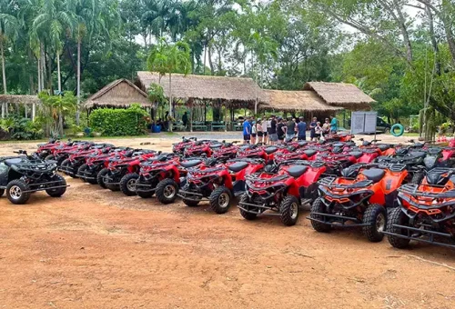 Lineup of ATV bikes ready for riders at Phuket ATV Adventure, featured by Phuket Travel Store