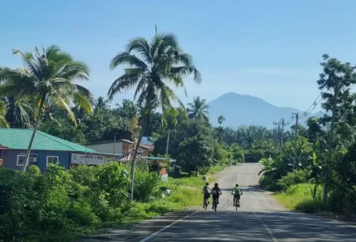 Cyclists riding along a scenic road surrounded by nature on Koh Yao Noi during a guided tour with Phuket Travel Store