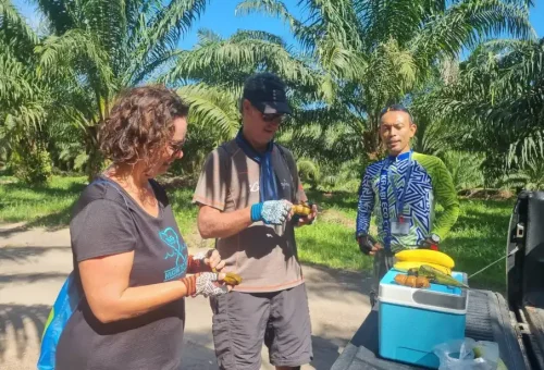 Cyclists enjoying a break with local Thai snacks during the Koh Yao Noi cycling tour with Phuket Travel Store