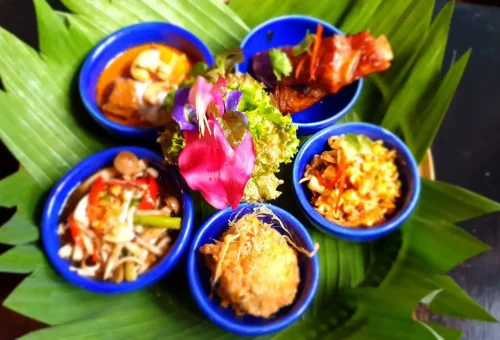 Vibrant and beautifully plated Thai dishes prepared by students at the Blue Elephant Cooking School in Phuket.
