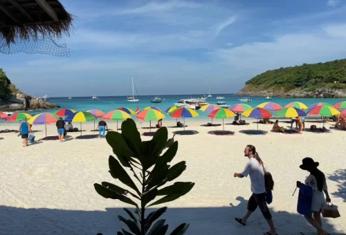 Raya Island Coral Island Phuket Travel Store – serene tropical beach with turquoise waters and lush surroundings.