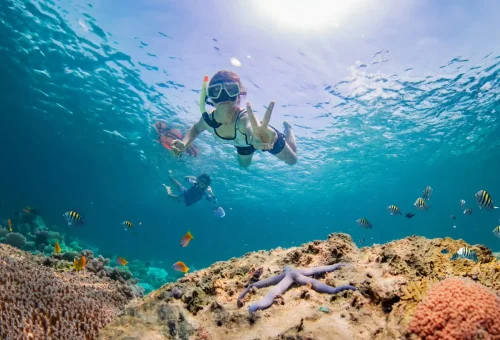Excited tourist on a speedboat to Raya Island, holding snorkel gear and enjoying the ride with Phuket Travel Store.