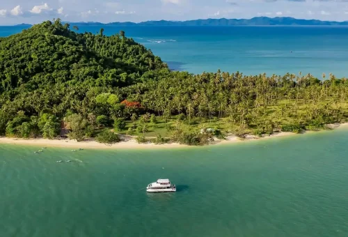 Aerial view of Rang Yai Island showing white sandy beaches, clear turquoise water, and lush tropical vegetation, featured on the James Bond Island tour by Phuket Travel Store