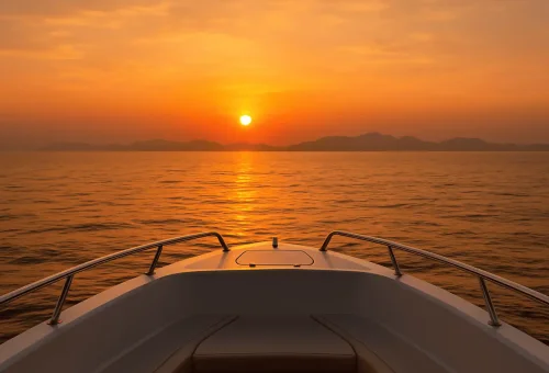 Speedboat cruising at sunrise near Khai Islands, Phuket – Sunrise 4 Island Tour by Phuket Travel Store