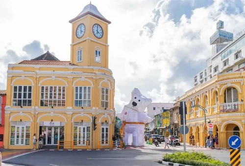 Vibrant Sino-Portuguese shophouses on Thalang Road in Phuket Town, featured during the street food tour with Phuket Travel Store