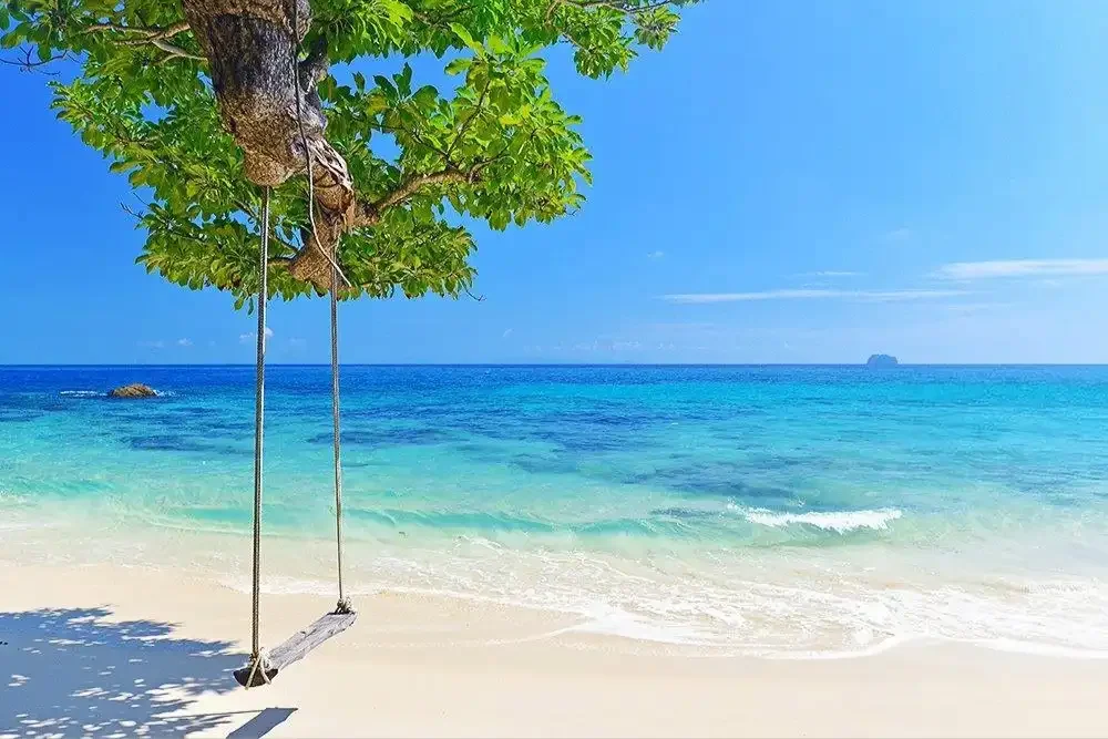 Wooden swing hanging from a tree on the white powdery beach at Racha Yai Island, overlooking the turquoise sea