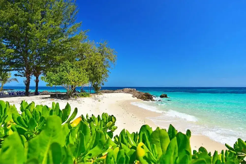 Stunning view of the white powdery beach at Racha Yai Island with clear turquoise water and lush greenery