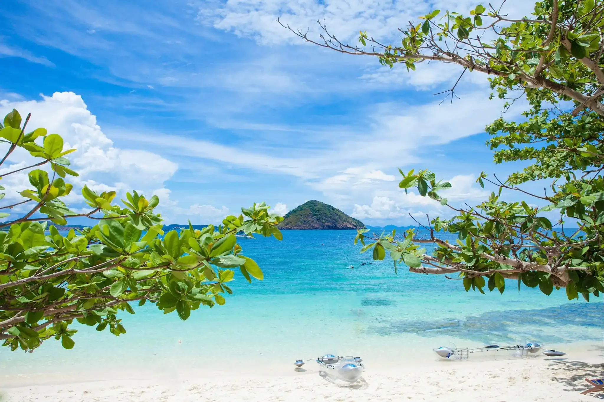 Scenic view of Coral Island featuring turquoise waters, white sand beach, and tropical palm trees under a clear sky