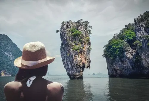Scenic view of James Bond Island in Phang Nga Bay with dramatic limestone formations and turquoise water