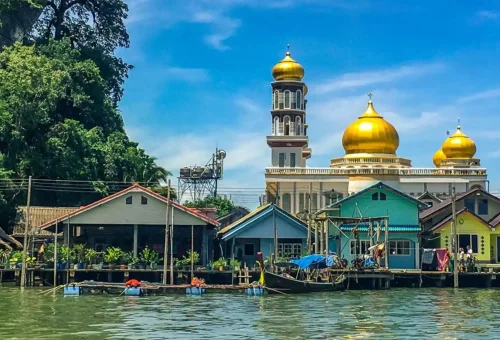 Panoramic view of the Muslim floating village of Koh Panyee in Phang Nga Bay with colorful stilt houses and mosque