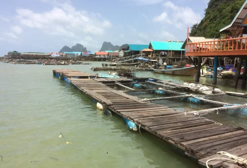 Traditional stilt houses of Koh Panyee village in Phang Nga Bay with limestone mountains in the background