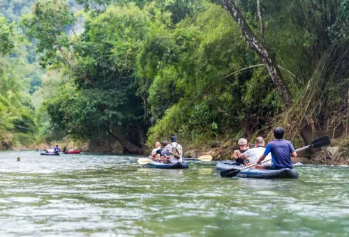 Canoe on the Sok River in Khao Sok National Park – peaceful jungle adventure through lush rainforest and limestone cliffs