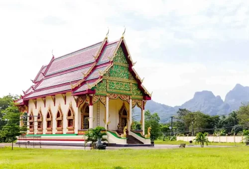 Traditional Thai temple surrounded by lush greenery in Khao Sok National Park