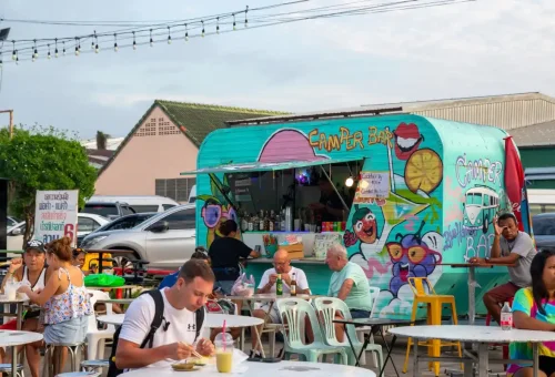 Overhead view of Chillva Night Market with colorful container shops