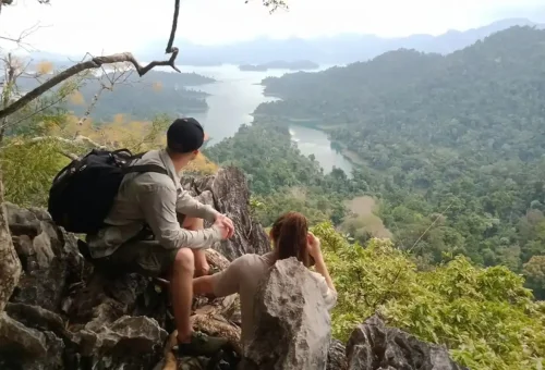 Stunning viewpoint overlooking Cheow Lan Lake and limestone cliffs in Khao Sok National Park on a two-day tour with Phuket Travel Store