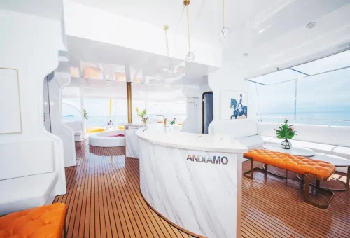 Luxurious interior and open-air deck of the Elizabeth private sailing yacht in Phuket with Phuket Travel Store
