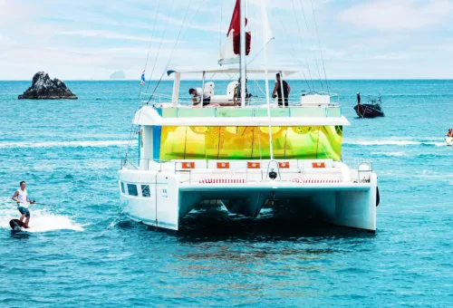 Spacious and stylish Super-X catamaran sailing on Andaman waters with Phuket Travel Store