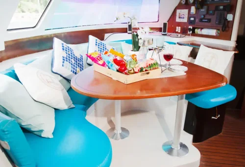 Aerial view of Super-V luxury catamaran charter boat in Phuket, Thailand