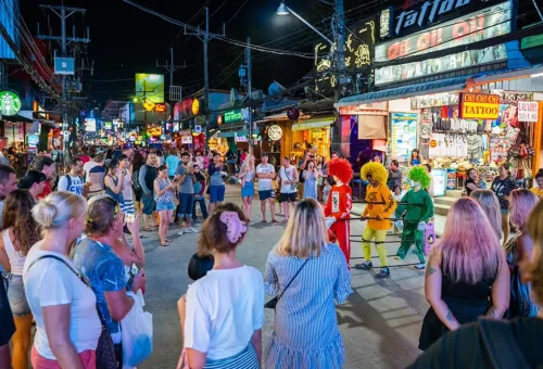 Bangla Road neon signs and packed nightclubs in Phuket