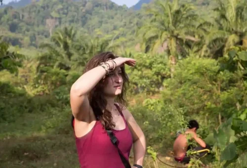 Woman giving fruit to elephant in Phang Nga