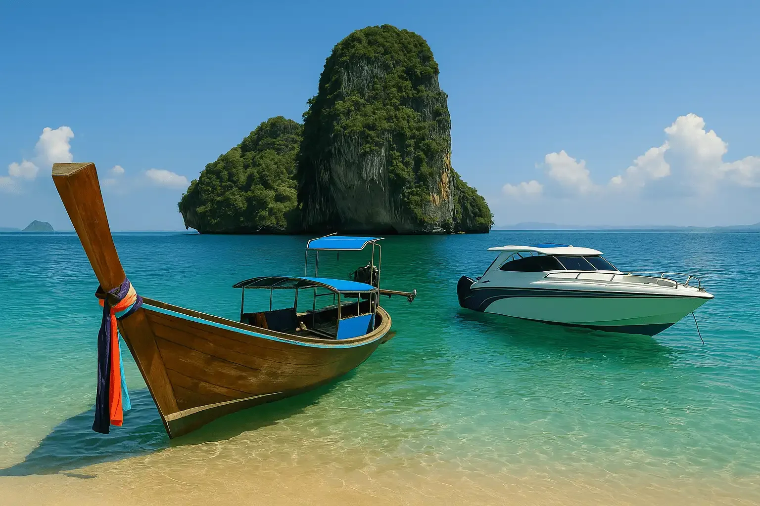 Traditional longtail boat and modern speedboat floating near a Phuket island