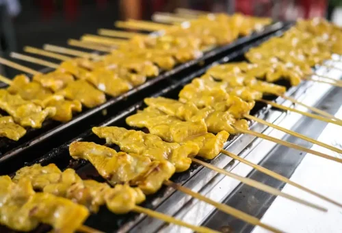 Visitor enjoying coconut ice cream while exploring Wat Na Phra Men and learning about Siamese history