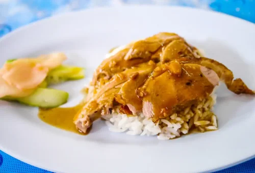 Slices of roast duck over jasmine rice with Thai-style sauce