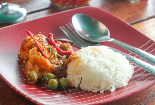 Spicy red curry with rice and Thai eggplants served on a red plate