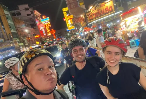 Night ride selfie in the middle of Bangkok’s buzzing street food markets.