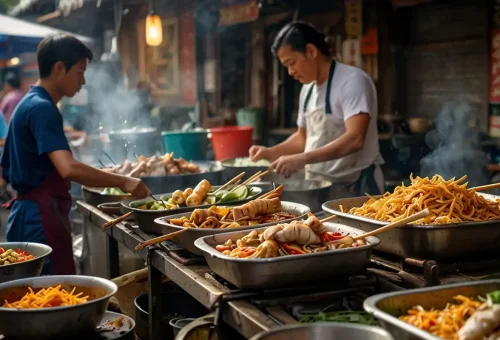 Local chefs preparing noodles and skewers at a Bangkok food market