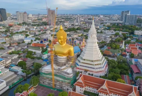 Aerial view of Wat Paknam and the Giant Golden Buddha in Bangkok