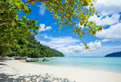 Traditional longtail boats on the shore of Moken Village, Surin Islands